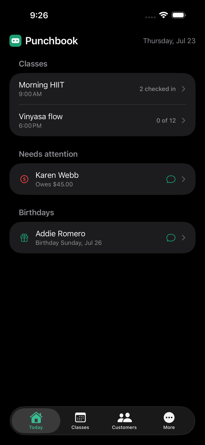 Punchbook's Today screen: this morning's class with 2 checked in, tonight's class at 0 of 12, a customer who owes $45 with a one-tap message button, and an upcoming customer birthday